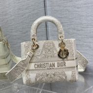 Medium Lady D-Lite Bag Around the World Embroidery White/Gold