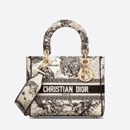 Medium Lady D-lite Bag In Toile de Jouy Zodiac Motif Canvas White