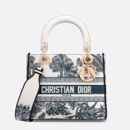 Medium Lady D-Lite Bag Toile de Jouy Palms Embroidery White/Blue