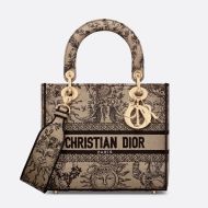 Medium Lady D-lite Bag In Toile de Jouy Soleil Motif Canvas Beige