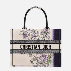 Dior Book Tote In Pivoine Embroidery White/Purple