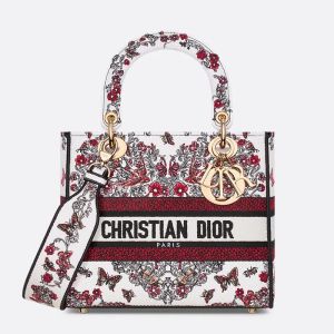 Medium Lady D-Lite Bag Dioramour Coeur des Curiosities Embroidery White