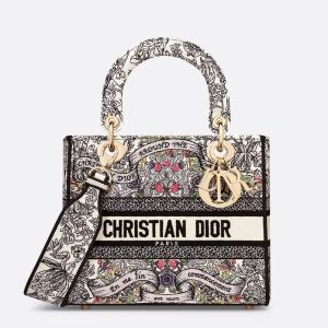 Medium Lady D-Lite Bag Flowers Around the World Embroidery White