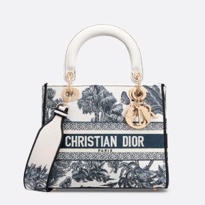 Medium Lady D-Lite Bag Toile de Jouy Palms Embroidery White/Blue