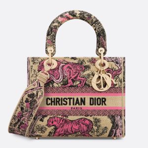 Medium Lady D-Lite Bag Toile de Jouy Sauvage Embroidered Raffia Beige/Pink