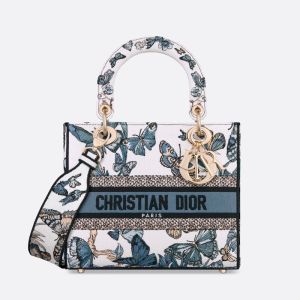 Medium Lady D-Lite Bag Toile de Jouy Mexico Embroidery White/Blue