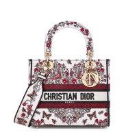 Medium Lady D-Lite Bag Le Coeur des Papillons Embroidery White/Red