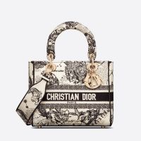 Medium Lady D-lite Bag In Toile de Jouy Zodiac Motif Canvas White