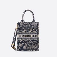 Mini Vertical Dior Book Tote with Strap In Toile De Jouy Motif Canvas Navy Blue