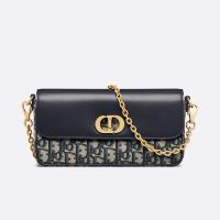 Mini Dior 30 Montaigne Avenue East-West Double Carry Bag In Oblique Motif Canvas and Smooth Calfskin Blue